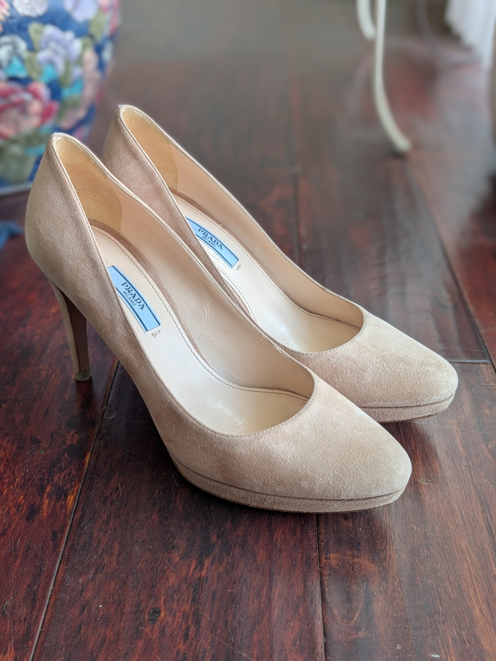 Prada Women's Beige/ Nude Suede High Heel Pumps Almond Toe Size 39 Size 8.5